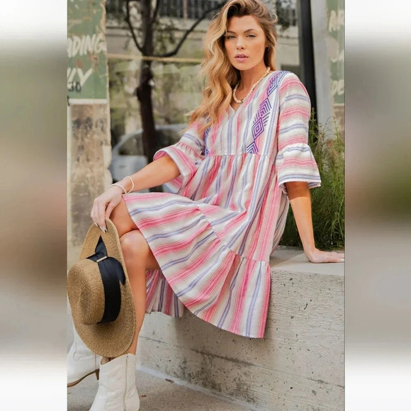 New Easel Pink Striped Poly Linen Ruffle Bottom Dress - Picture 2 of 5